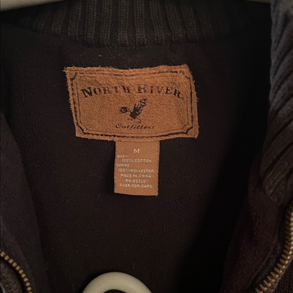 North River Navy  sweater Jacket with Tan Accents suede (faux) zipper mens M - Picture 2 of 7